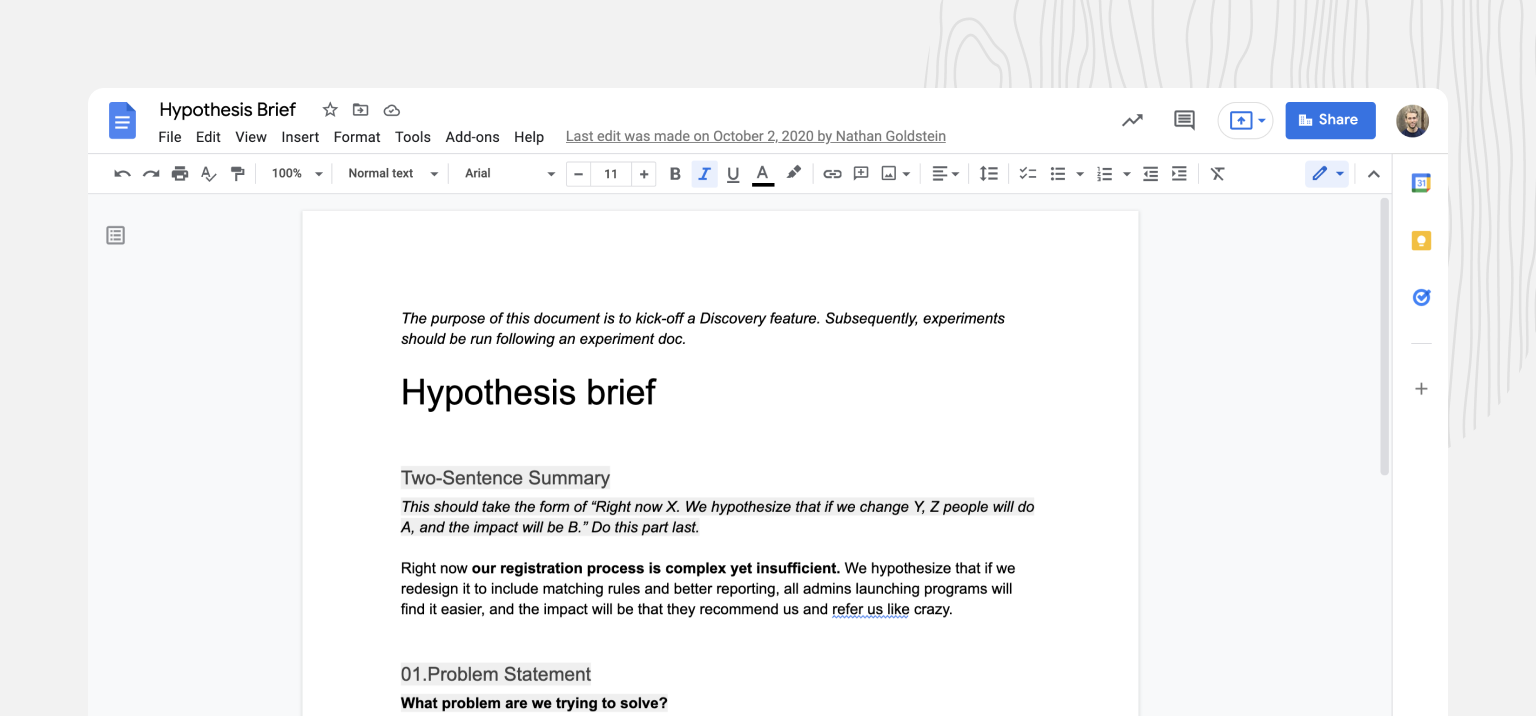 screenshot of a google doc showing a hypothesis brief